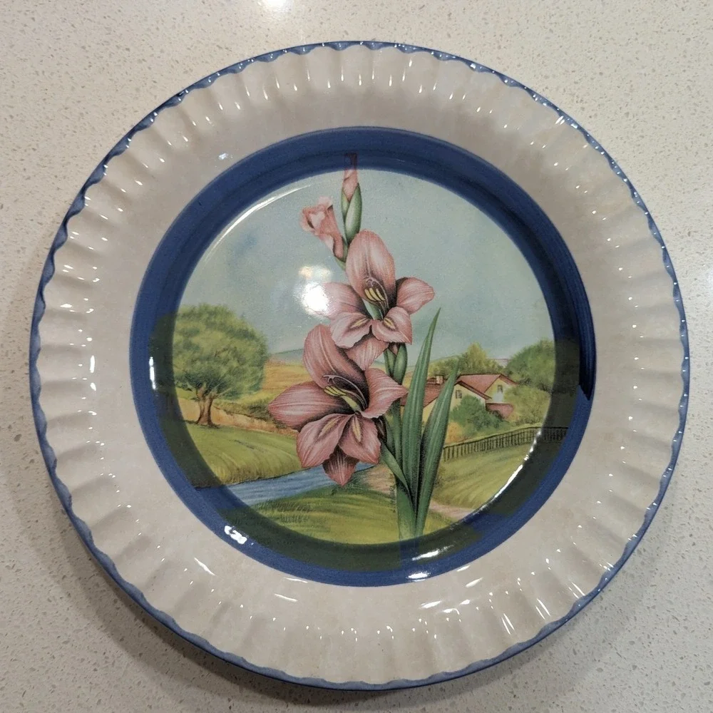 Due Torri Ceramic Plate Cream Blue Pink Floral Scenery 10